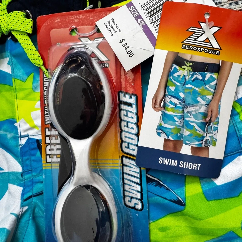 NWT Kids Shark Swim Trunks & Goggles Boys Sz 4 - 5 UV protect Zeroposur NEW - Picture 13 of 14